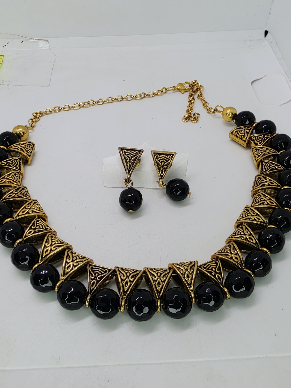 Etruscan Art Deco Style Vintage Necklace Earring Set Gold Tone Black Stone Boho